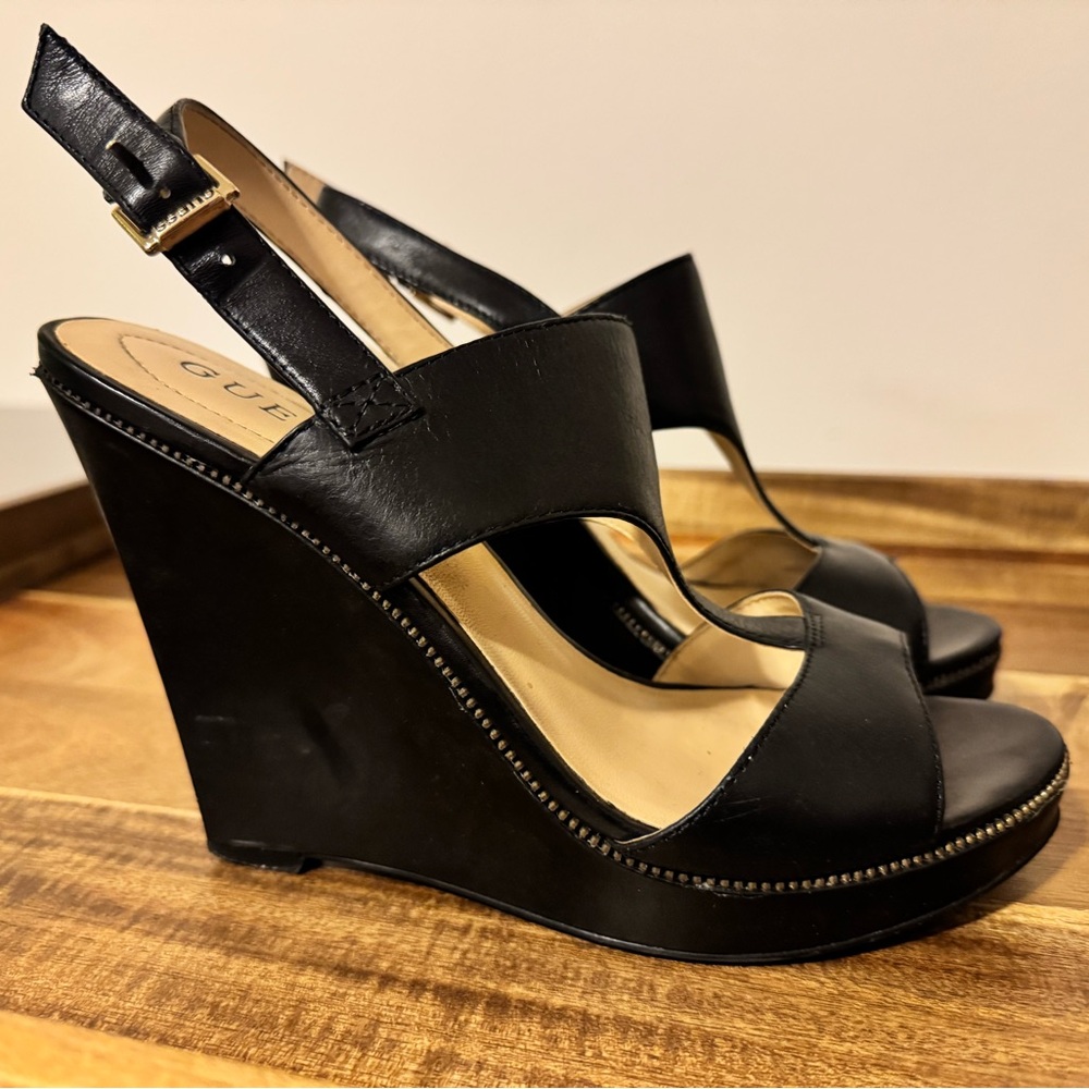Guess Black Leather Wedge Sandals